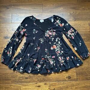 Johnny Was Jade Pia Peasant Top medium blouse black floral